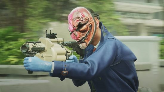 A masked man with a grenade launcher stands mid-screen with vegetation in the background.