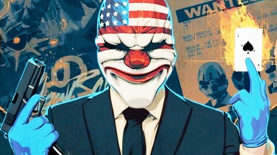 Payday 3 Unreal Engine 5: A bank robber in a clown mask holding a gun and a playing card in Starbreeze FPS game Payday 2