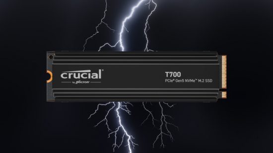 Crucial T700 SSD center screen with lightning in the background against a black sky.