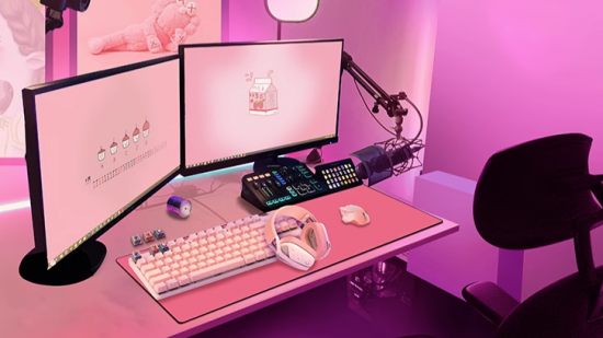 An image of the peach pink G502 lightspeed wireless mouse from Logitech on a desk surrounding by a matching pink PC setup.
