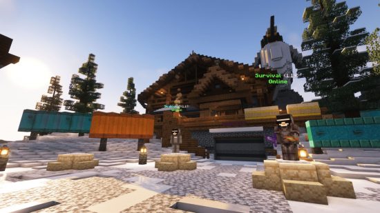 A snowy biome with a large penguin build and a wooden villa in one of the best Minecraft servers, Penguin.gg,