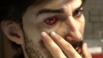Snag a slept on immersive sim as a free game with Prime Gaming, quick: a man with black hair looks into a mirror, pulling back skin to examine a bloodshot eye