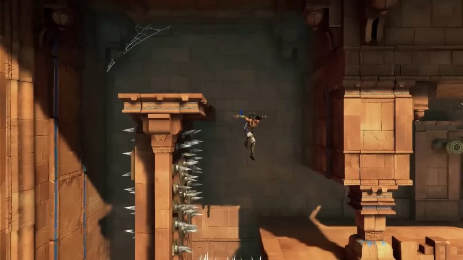 Prince of Persia: The Lost Crown - a man platforms over spiked platforms.