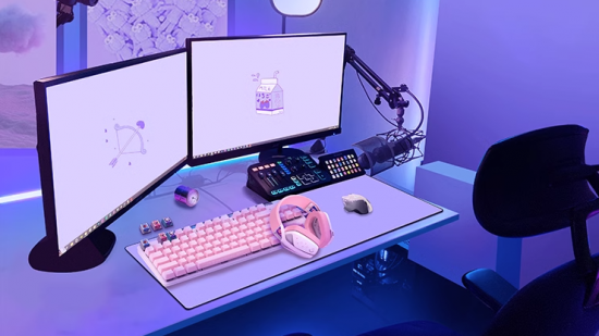 An image of the purple grape G502 lightspeed wireless mouse from Logitech on a desk surrounding by a matching purple PC setup.