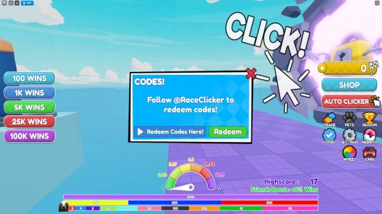 Clicking the Codes button on the right side brings up the Race Clicker codes redemption prompt.