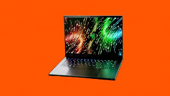 Razer Blade 14 gaming laptop with a flashing light show on its display against an orange background.