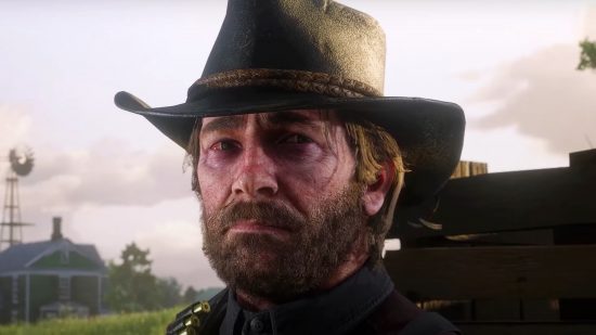 Red Dead Redemption 2 dog died: A cowboy, Arthur Morgan from Rockstar western game Red Dead Redemption 2, wears a sad expression