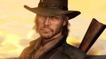 Red Dead Redemption remaster: A cowboy with a hat and a rifle, John Marston from Rockstar western game Red Dead Redemption