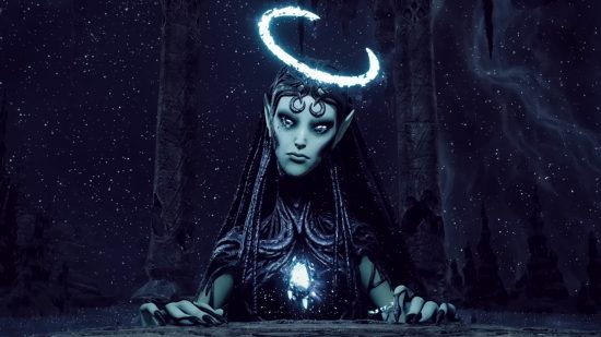 Image of a mythical looking character from Remnant 2 staring towards the camera with a halo-like light effect around their head.