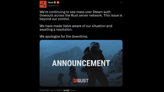 Rust downtime - tweet from Facepunch games: "We're continuing to see mass user Steam auth timeouts across the Rust server network. This issue is beyond our control. We have made Valve aware of our situation and awaiting a resolution. We apologize for the downtime."