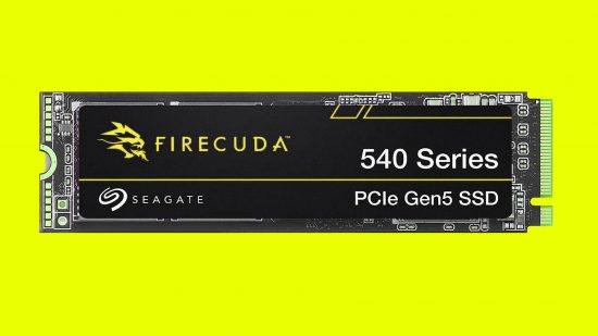 Seagate Firecuda 540 launch: the PCIe 5.0 SSD appears against a blank background with a yellow hue.