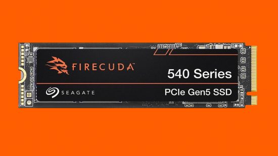 Seagate Firecuda 540 SSD appears in front of an orange background.