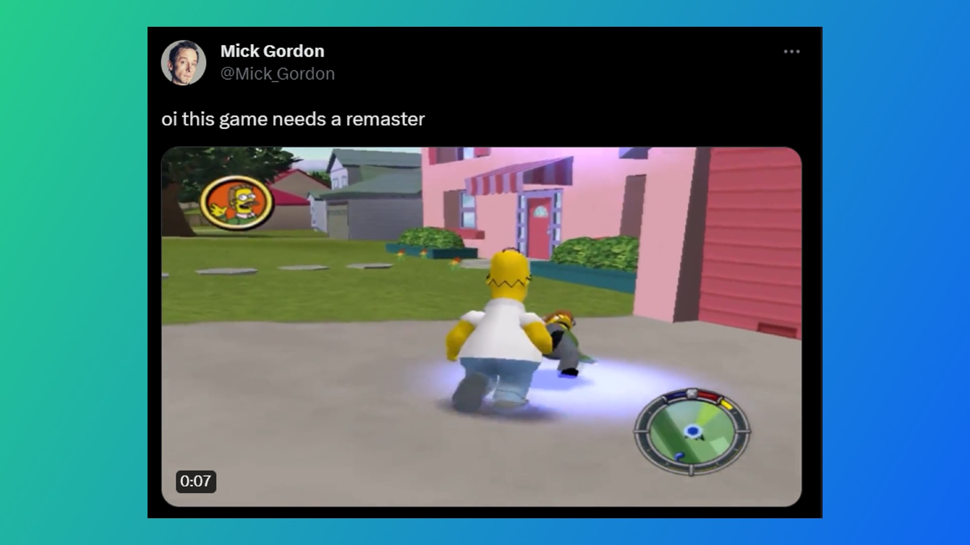Simpsons Hit and Run remaster: A tweet from Doom composer Mick Gordon about a Simpsons Hit and Run remaster
