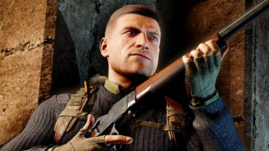 Sniper Elite 5 Steam sale: A soldier holding a rifle backs against a wall in war game Sniper Elite 5