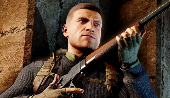 Sniper Elite 5 Steam sale: A soldier holding a rifle backs against a wall in war game Sniper Elite 5