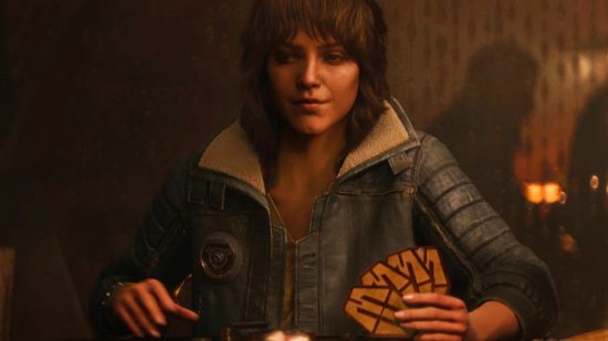 Star Wars Outlaws - a woman in a jacket sits at a table, playing cards.