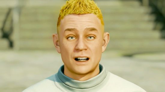 Starfield Adoring Fan: A young man with blond hair, the Adoring Fan from Bethesda RPG game Starfield