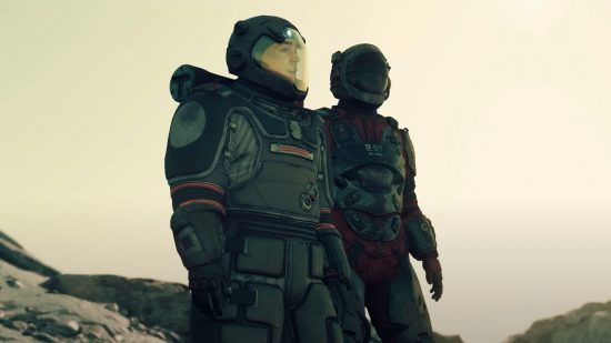 The Starfield Adoring Fan stands on a rocky outcropping on an alien landscape along with the player, his mouth agape in wonder behind the visor of his space suit.