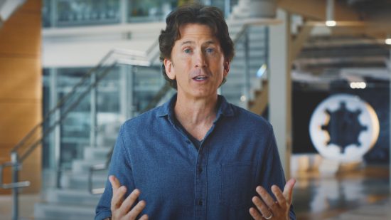 Bethesda boss Todd Howard looks into the camera with his mouth open and hands gesturing to emphasize a point.