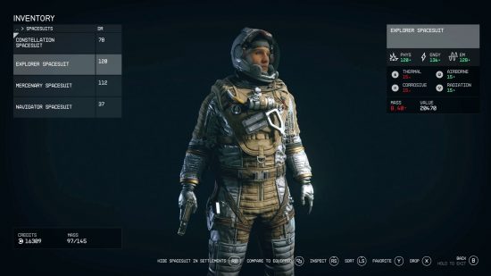 The Starfield armor as it appears in the inventory, including a list of spacesuits, their stats, and a preview of your character model wearing it.