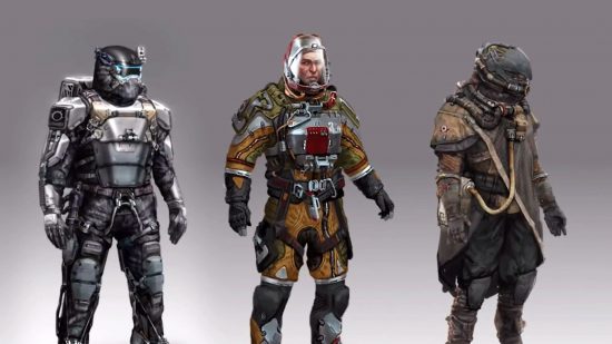 A preview of the various Starfield armor sets as depicted in concept art, from advanced militaristic uniform to a light exploration cloth alternative.