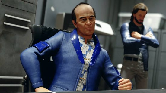 Starfield fps: a businessman in a blue suit with a white and blue shirt, sitting at a desk with his bodyguard behind him.