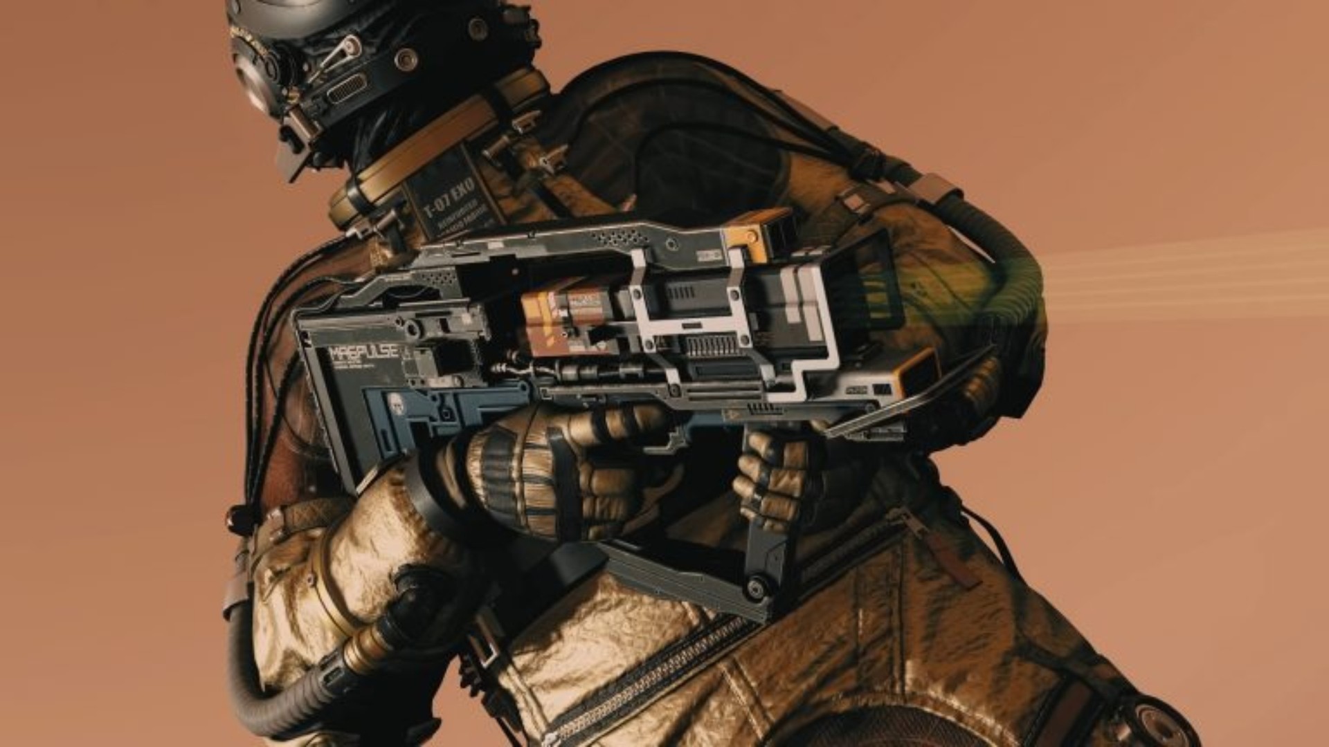 Starfield mag pulse gun: A soldier aims a heavy weapon in Bethesda RPG game Starfield
