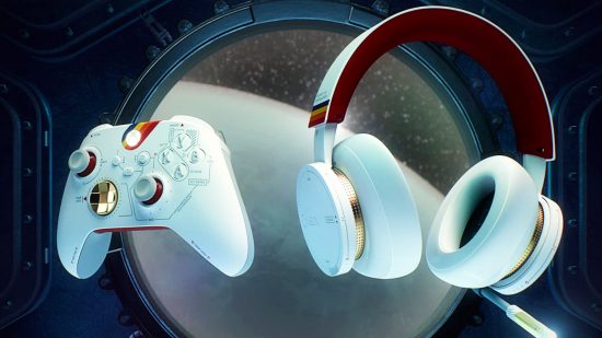 Starfield themed wireless controller and headset combo shown against a sci fi background.