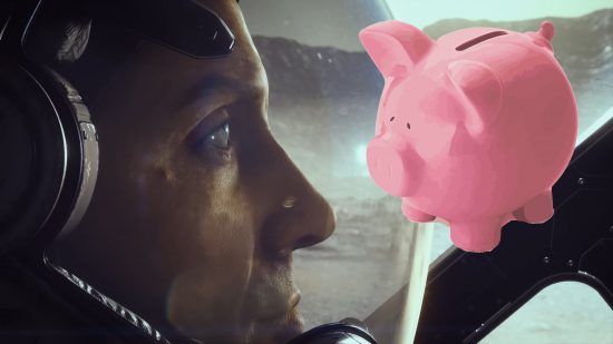 Starfield character looking at a piggy bank hoping to buy the game cheap.