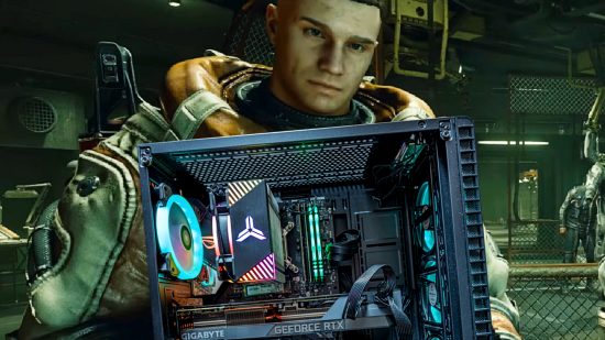 A Starfield character holding a PC rig.