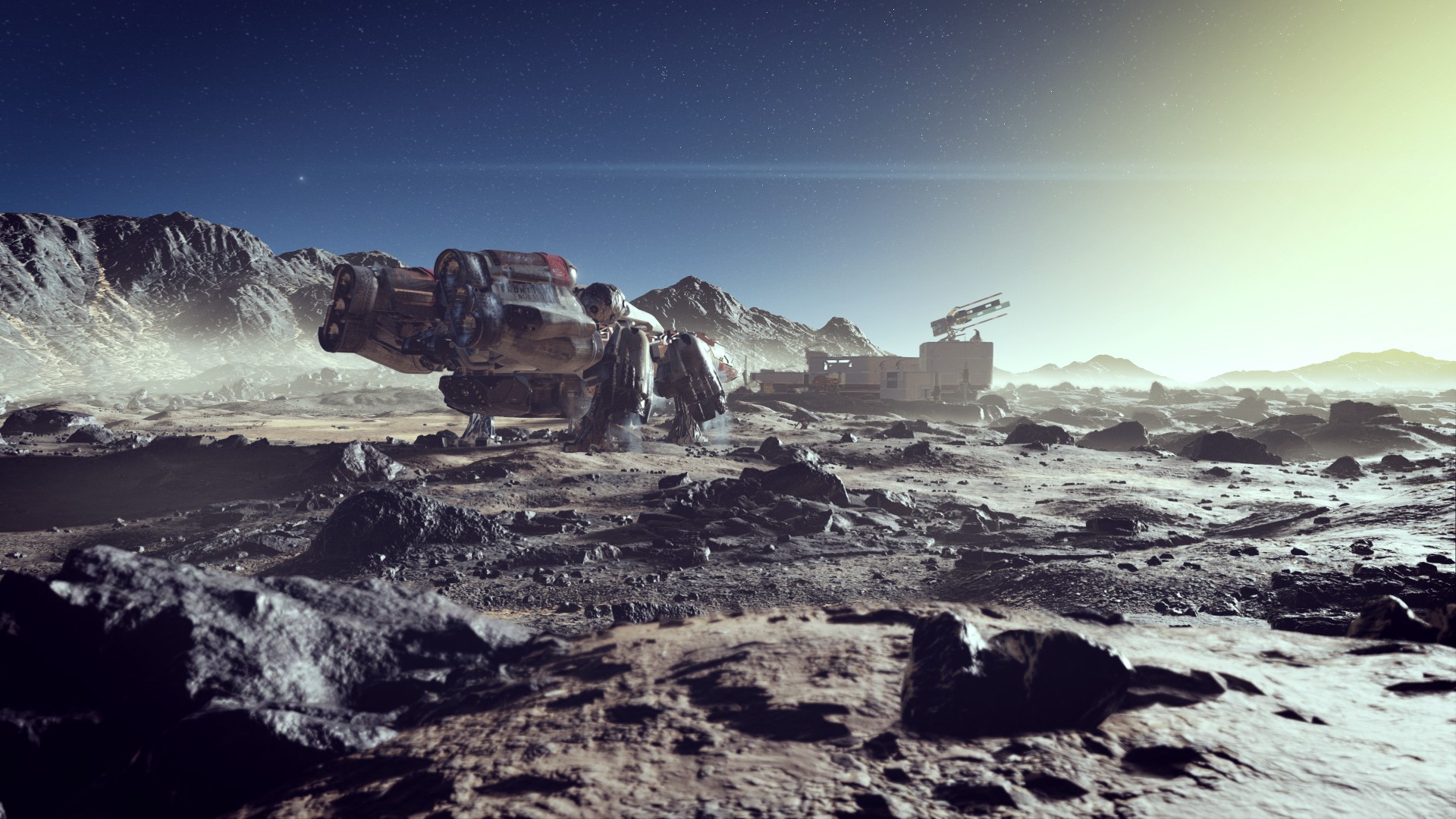 Starfield life on planets: A spaceshp touches down on a desolate planet in Bethesda RPG game Starfield