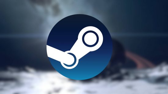 The Steam logo on a blurred Starfield screenshot of a moon.