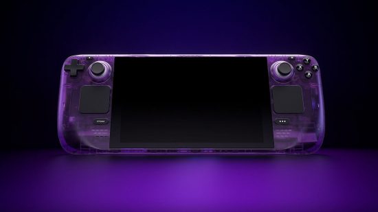 Steam Deck mod jsaux game boy: A Steam Deck with a transparent purple case, illuminated by a purple background.