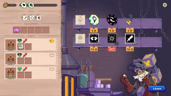 The Dicefolk shop interface shows a plethora of options for upgrades