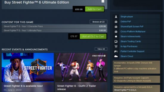 Steam DRM Free Games: The Street Fighter 6 Steam Store page, displaying the game's 3rd party Denuvo DRM requirement.