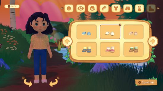 Paleo Pines features a character customization screen so I've made a dark-haired girl with yellow blouse and blue jeans.