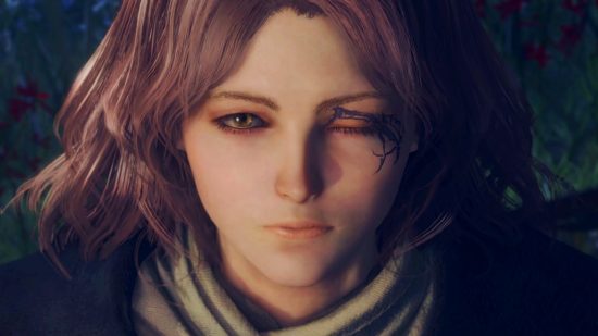 Steam summer sale- Melina from Elden Ring looks up, one eye closed.