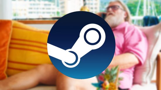 Steam update June 14 - Gabe Newell reclines on a sofa, making a phone call with a pineapple drink beside him. The Steam logo is displayed over the top.