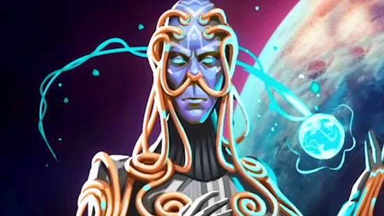Stellaris Nexus - a blue-faced alien with orange tubes coming out of its forehead and coiling around its shoulders.