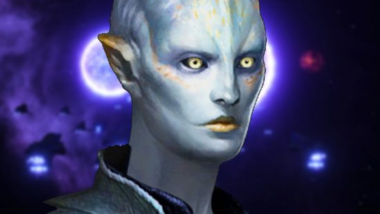 Stellaris free weekend and Steam sale - a blue-skinned alien with piercing yellow eyes, backed by twin glowing, purple stars.