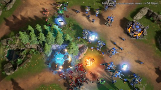 Stormgate multiplayer gameplay - red and blue armies of the Human resistance clash, explosions going off among the trees.