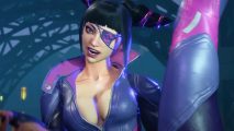 Capcom responds to Street Fighter 6 DLC pass backlash: A white woman smiling wearing a purple eyepatch wearing a tight purple outfit revealing her chest pulling her leg up in a stretch