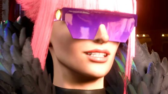 Street Fighter 6 - pink-haired fighter Manon grins, wearing large purple shades, as she hears about uninstalling the World Tour mode to save space on Steam.