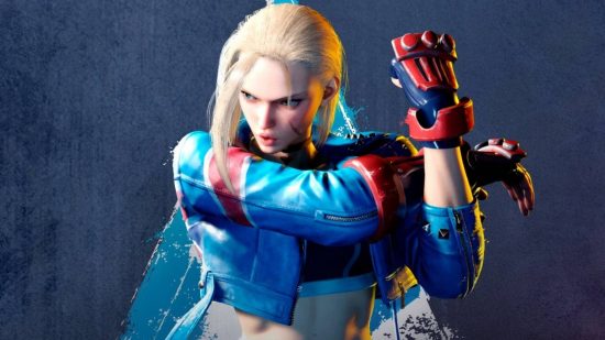The most popular Street Fighter 6 character is the one you hate: A blond woman in a blue and red leather combat jacket stretches her arm across her chest wearing a cropped black shirt