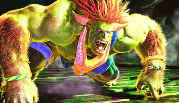 Street Fighter 6 tier list: Blanka is wearing an orange bandana on his neck and is gearing for a rolling attack.