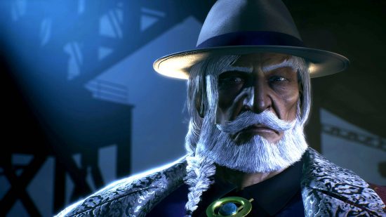 JP со своей жемчужно-белой бородой стоит в темноте, ожидая своего часа, чтобы подняться на вершину 6-уровневого списка Street Fighter.  Он носит федору.