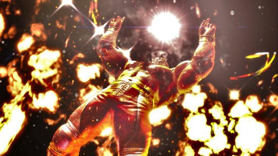 Zangief está apuntando con los dedos en el cielo, a medida que estallan las explosiones en el fondo, haciendo su dramática entrada en la escena en una oferta para el primer lugar en la lista de 6 niveles Street Fighter