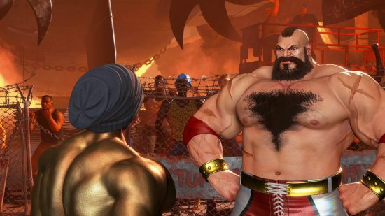 The player character has found Zangief, one of the Street Fighter 6 World Tour characters, in a makeshift wrestling ring.