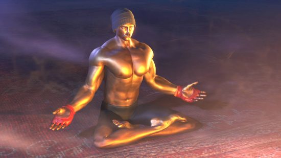 Street Fighter 6 World Tour upgrades - the player character, made up entirely of gold and looking like a knockoff Oscar award trophy, is sitting with their legs crossed and hands outstretched.