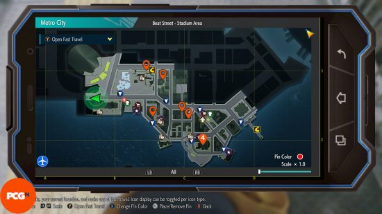 The Metro City Street Fighter 6 World Tour upgrades locations, all highlighted with orange pins. There is one location with four upgrades.